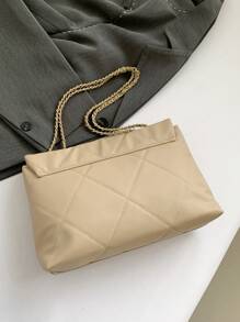 簡約網格刺繡鏈條包，時尚手提肩背兩用包，帶雙扣和鏈式交叉單肩包，蓋子包 - 卡其色 - 查看 6