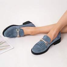 Nuove Ballerine Slip-on In Velluto Casuale Da Donna Con Tacco Largo, Punta Rotonda E Design A Nicchia - Blu - Visualizzare 15