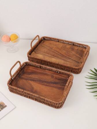 1入組2個收納盤 – 包括1個編織籃和1個木製托盤，防水耐用，可作為沐浴托盤、早餐托盤、收納托盤使用