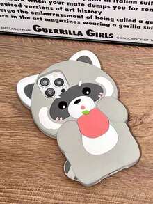 New Cute Cartoon Funny Peach-Eating Raccoon Silicone Full Coverage Anti-Drop Phone Case Compatible With Apple 11/12/13/14/15 PRO/PROMAX, Protective Cover - Grey - View 3