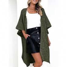 Women's Short Sleeve Open Front Cardigan Sweaters Oversized Lightweight Knit Kimono Cardigans With Pockets - xanh quân đội - Xem 3