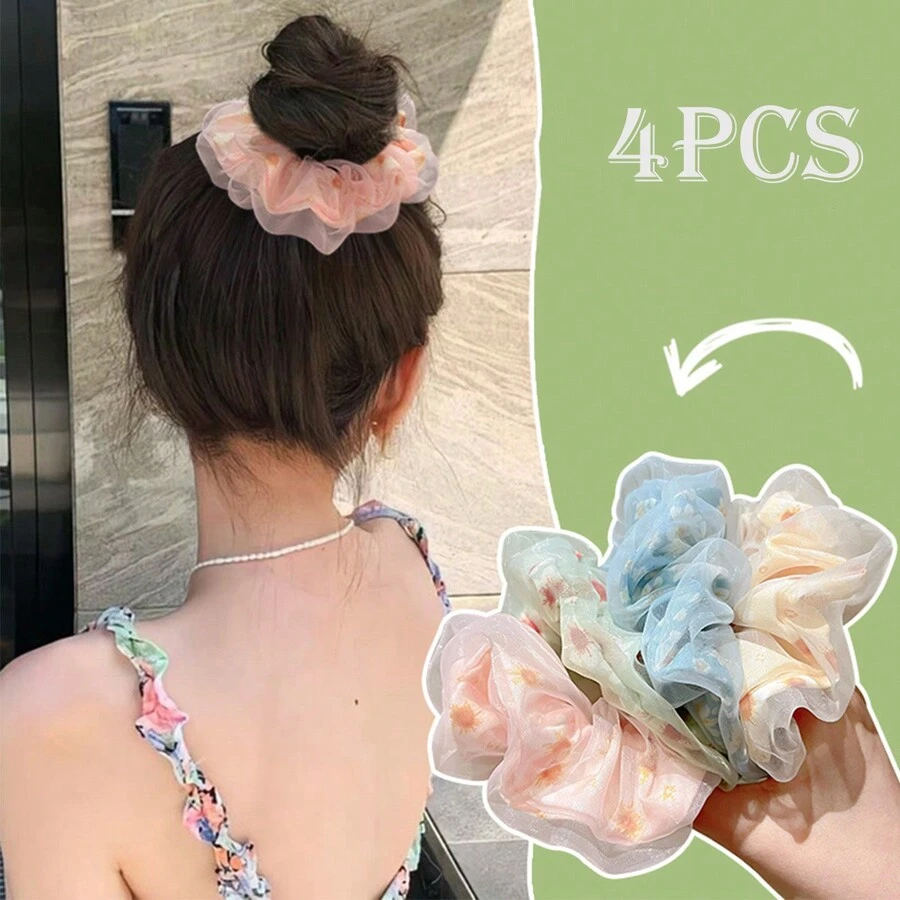 4入組大花印花鬆緊頭帶，可愛的波西米亞風格髮圈，適合日常使用和節日禮物 - 彩色 - 查看 1
