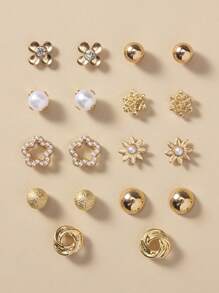 18pcs/Set Fresh Flower & Faux Pearl Stud Earrings Set, High-End Jewelry For Women's Everyday Wear Or As A Simple & Creative Festival Gift Valentines,Mom,Mother,Mother's Day,Gift