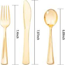 200 件可重复使用的金色塑料餐具 - 金色塑料餐具 - 塑料餐具包括 100 把金叉 50 把金勺 50 把金刀 非常适合派对、婚礼和餐厅、圣诞派对 - 金色 - 查看 2