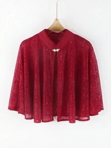 1 pieza Chal elegante de mujer con botón de perla falsa, patrón floral y calado, negro, perfecto para una cita o fiesta de noche y complementa con un vestido camiseta, Día de San Valentín
