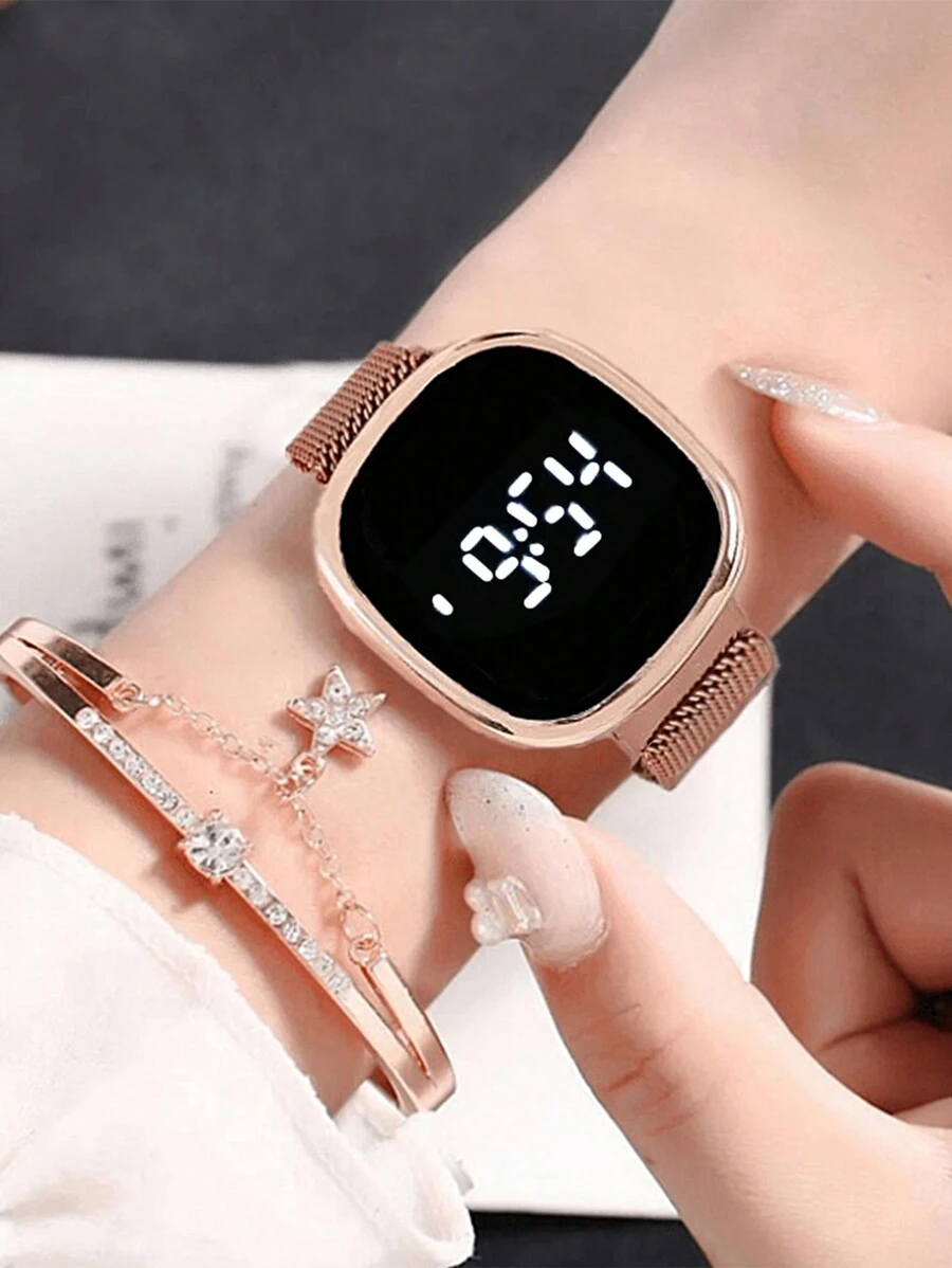 1pc LED Stainless Steel Digital Watch And 1pc Rose Gold Rhinestone Bracelet For Girls - Rose Gold - View 1