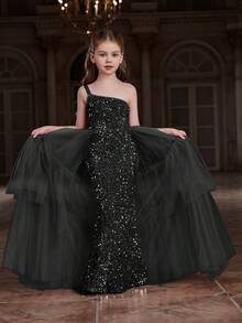 Vestido de noche largo hasta el suelo con un solo hombro, falda de tul con volantes y silueta ajustada para niña preadolescente - Elegante y glamoroso para bodas, galas - Negro - Ver 4