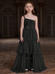 Vestido de noche largo hasta el suelo con un solo hombro, falda de tul con volantes y silueta ajustada para niña preadolescente - Elegante y glamoroso para bodas, galas - Negro - Ver 5