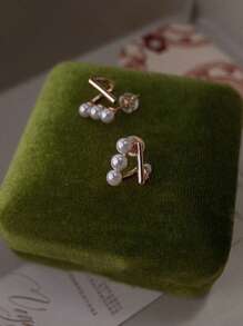 1 par de pendientes de perla de lujo con baño de oro rosa, de estilo francés, diseño sofisticado de doble capa geométrica, para mujer