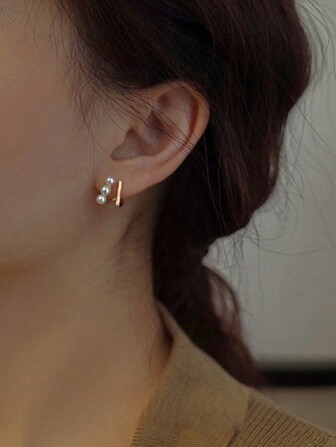 1 Pair Rose Gold Plated French Style Luxury Pearl Stud Earrings For Women, Niche Design High-End Geometric Double Layer Earrings With Sophisticated Look