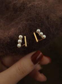 1 par de pendientes de perla de lujo con baño de oro rosa, de estilo francés, diseño sofisticado de doble capa geométrica, para mujer