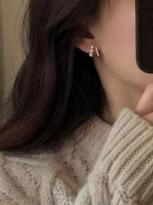 1 par de pendientes de perla de lujo con baño de oro rosa, de estilo francés, diseño sofisticado de doble capa geométrica, para mujer