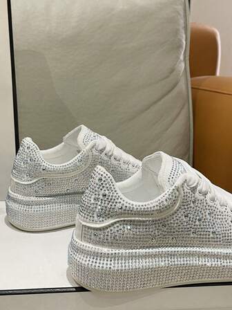 女士闪亮水钻运动鞋，休闲闪光跑鞋，适合派对、街头、运动、轻便秋季新款白色运动鞋