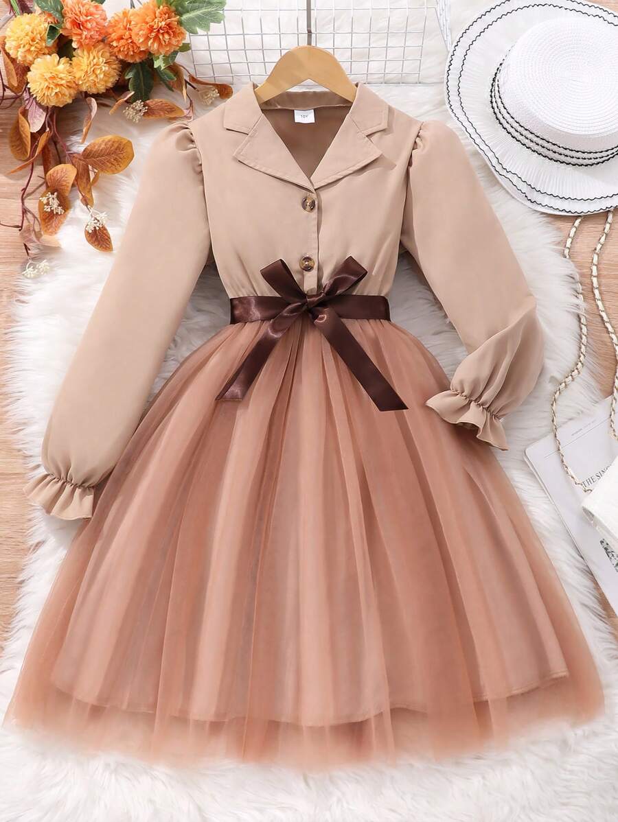 Tween Girls Long Sleeve Turndown Collar Solid Color Mesh Dress With Woven Belt - Khaki - View 1