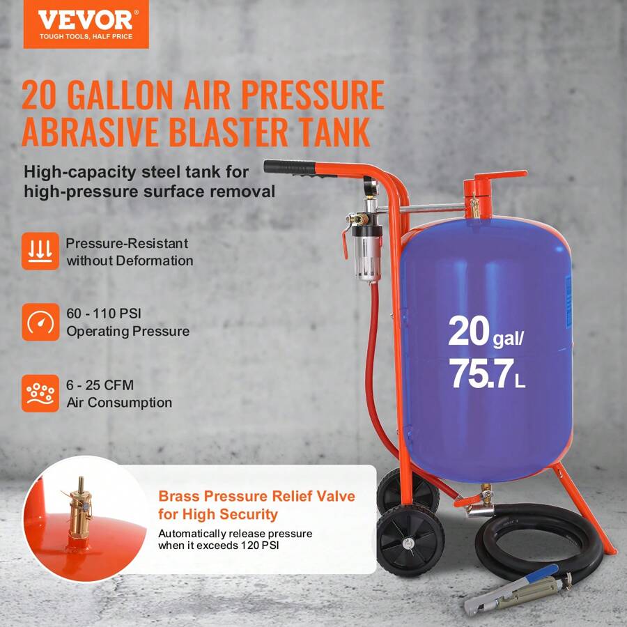 VEVOR 20 Gallon Sand Blaster, 60110 PSI High Pressure Sandblaster