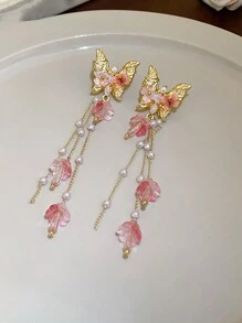 1 Pair Gold Powder Color Long Butterfly Pearl Tassel Earrings, Suitable For All Seasons - Gold Pink - View 4