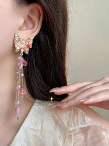 1 Pair Gold Powder Color Long Butterfly Pearl Tassel Earrings, Suitable For All Seasons - Gold Pink - View 6