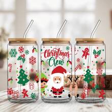 聖誕樹和聖誕老人圖案16oz玻璃杯，配有蓋子和吸管，適用於茶、果汁、冰咖啡，是適合孩子的假日禮物 | 1pc - 聖誕節 - 查看 13