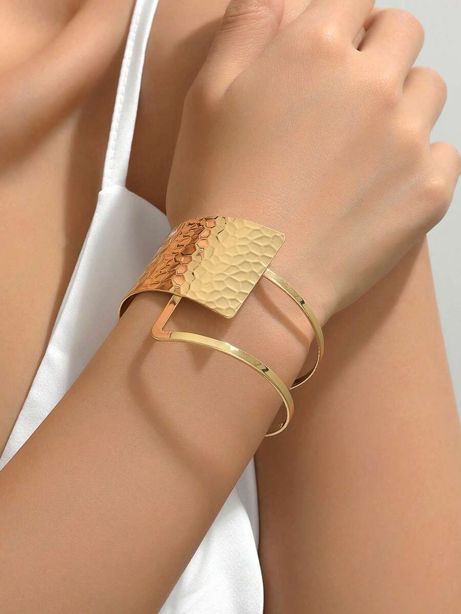 1pc Women's Spring 2024 Metal Patchwork Geometric Bangle Bracelet, Polished Adjustable Open Cuff - Bracelet - View 1