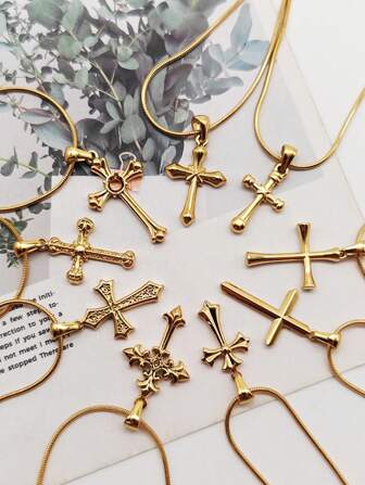 1pc Simple And Fashionable Stainless Steel Gold-Colored Multifaceted Cross Pendant Necklace, Suitable For Couples' Daily Wear