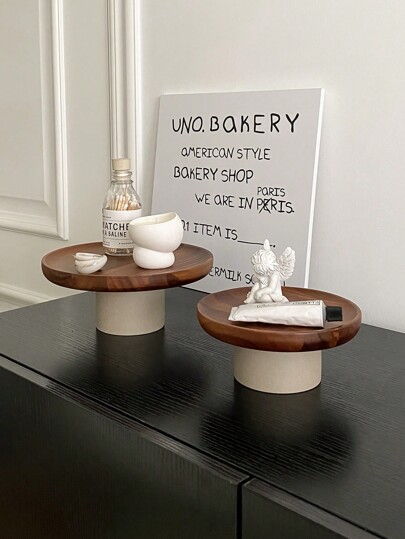 CMYD Studio 1pc Vintage Acacia Wood & Pottery Footed Tray, Fruit Plate, Perfume & Cosmetics Organizer, Wooden Storage Tray, Jewelry Display Tray, Foyer Tray,Kitchen,Christmas Gift