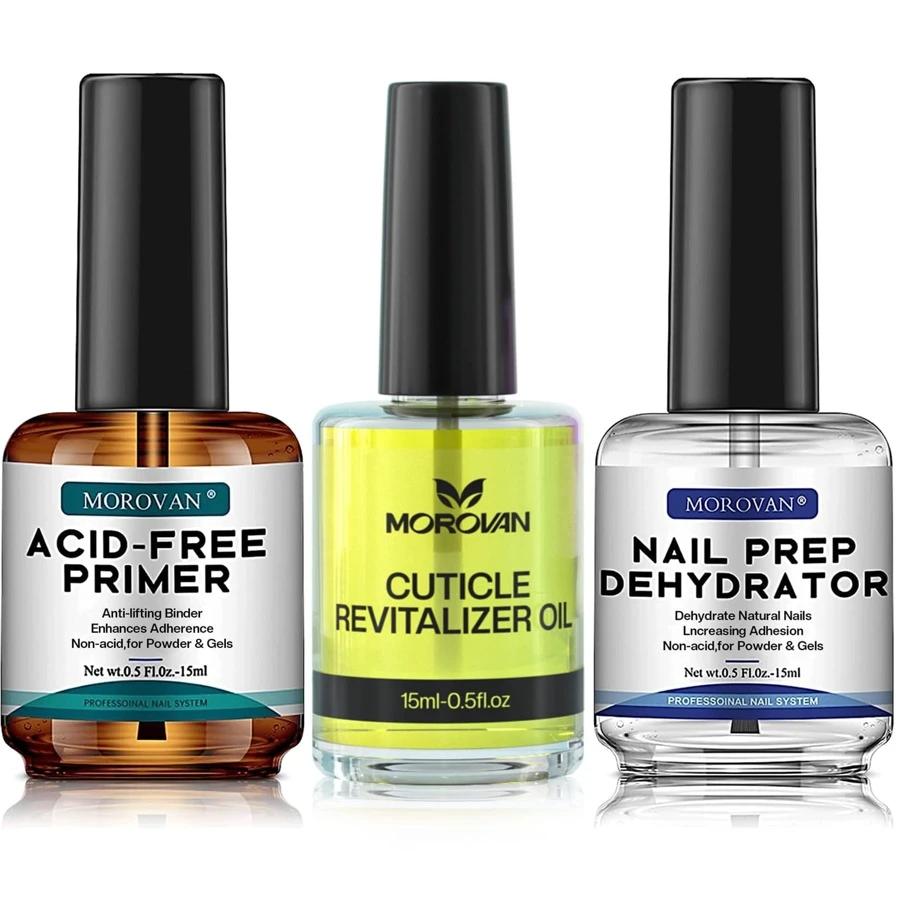 Morovan Nail Dehydrator And Primer With Cuticle Oil Set - Professional Nail Prep Dehydrator And Primer Set Long Lasting X-Strength Acid-Free Nail Primer For Acrylic Nails & Gel Nails For Beginner - Multicolor - View 1