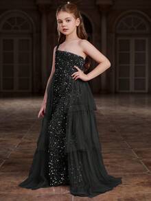 Vestido de noche largo hasta el suelo con un solo hombro, falda de tul con volantes y silueta ajustada para niña preadolescente - Elegante y glamoroso para bodas, galas - Negro - Ver 3