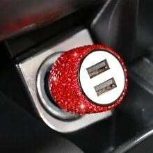 1个双USB车载充电器，手工闪亮水晶钻石汽车装饰，5V快充适配器，兼容安卓/智能手机