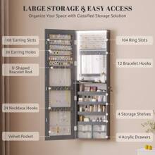 Vlsrka 47.2 Inch Full Length Mirror With Storage, Wall Mount Mirror Jewelry Cabinet, Over The Door Hanging Jewelry Armoire Organizer, Built-In Light, 4 Drawers, 5 Shelves, Lockable - 灰色 - 查看 5