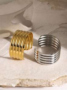 Uworld 1 Piece 306 Stainless Steel 18K Gold Plated Punk Funky Stripe Wide Face Open Bangles Women's Minimalist High Quality Hand Decoration Daily Wearing