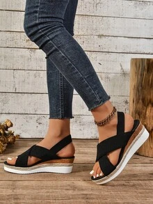 Women's Platform Wedge Heel Casual Beach Sandals, Ankle Strap With Weaving Belt, Multipurpose - Black - View 4
