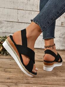 Women's Platform Wedge Heel Casual Beach Sandals, Ankle Strap With Weaving Belt, Multipurpose - Black - View 6