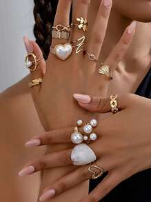 13入組簡約假期風格貝母、葉子、心形、假珍珠和膠體材質的戒指套裝，可完美搭配個性化的假日或日常生活 - 白色 - 查看 8