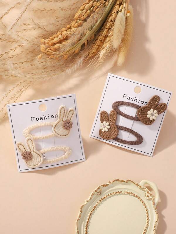 Haftowane spinki do włosów z nadrukiem królika dla dzieci, spinki do włosów z motywem kreskówkowym dla dziewczynek w świeżym stylu i wzorami w stylu preppy, 2 szt.