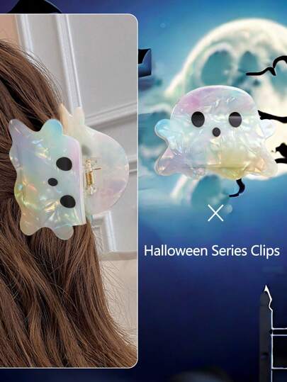 قطعة واحدة مشبك شعر بشكل شبح بألوان ساطعة - مشبك مخلب فريد من نوعه مصنوع من الأسيتات للتثبيت الآمن لذيل الحصان - تصميم كرتوني مرعب للنساء والفتيات، مثالي لاكسسوارات ازياء وتصفيف شعر حفلات هالوين، مشبك شعر على شكل فك الساحرة