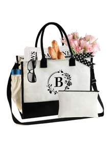 Túi vải canvas in họa tiết vòng hoa và chữ cái, túi xách tay tối giản bằng vải lanh, túi mua sắm tái sử dụng, túi đựng mỹ phẩm, túi quà tặng ngày lễ, thích hợp cho kỳ nghỉ, du lịch (mẫu ghép đen trắng), vật dụng cần thiết cho mùa hè, thích hợp cho kỳ nghỉ, sử dụng hàng ngày, sinh nhật, lễ hội, tựu trường, bãi biển, du lịch, đi làm, công tác, sinh viên, dã ngoại, cắm trại, mua sắm siêu thị, đựng đồ hàng ngày (kèm ruy băng và dây đeo vai) - Đen và trắng - Xem 25