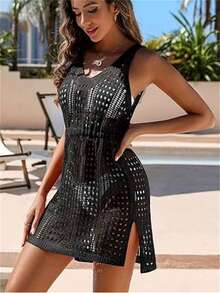 Beachwear Bikini Cover Up Sheer Knit Side Slit Dress Summer - Black - View 4