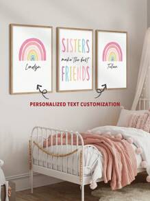 3 件个性化定制名字艺术印刷品制作最佳姐妹墙海报波西米亚风墙画制作最佳朋友印刷图片彩色帆布画彩虹墙艺术幼儿园墙壁海报女孩卧室装饰无框架/木框架 - 粉色 - 查看 2