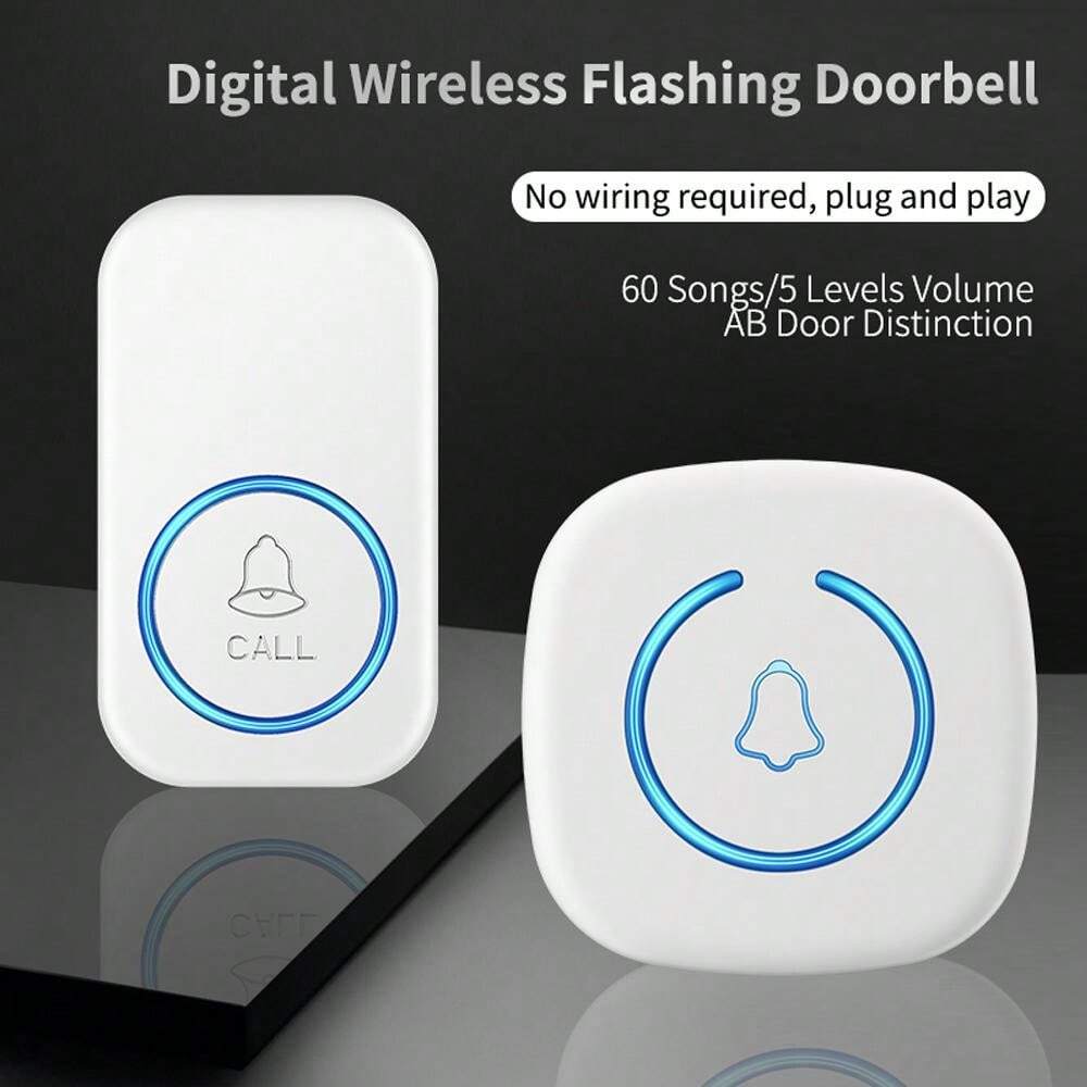 Wireless Doorbell Kit – 2 Receivers + 1 Button, 60 Melodies, 4 Volume Levels, LED Flash, 1000 Ft Range, Waterproof (Black)