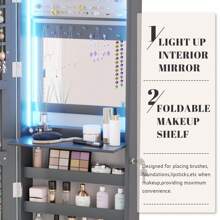 Vlsrka 47.2 Inch Full Length Mirror With Storage, Wall Mount Mirror Jewelry Cabinet, Over The Door Hanging Jewelry Armoire Organizer, Built-In Light, 4 Drawers, 5 Shelves, Lockable - 灰色 - 查看 8