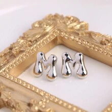 1對氣泡A-Z 26個字母耳針，金銀色女士耳飾，18K鍍金 - 字母 - 查看 8