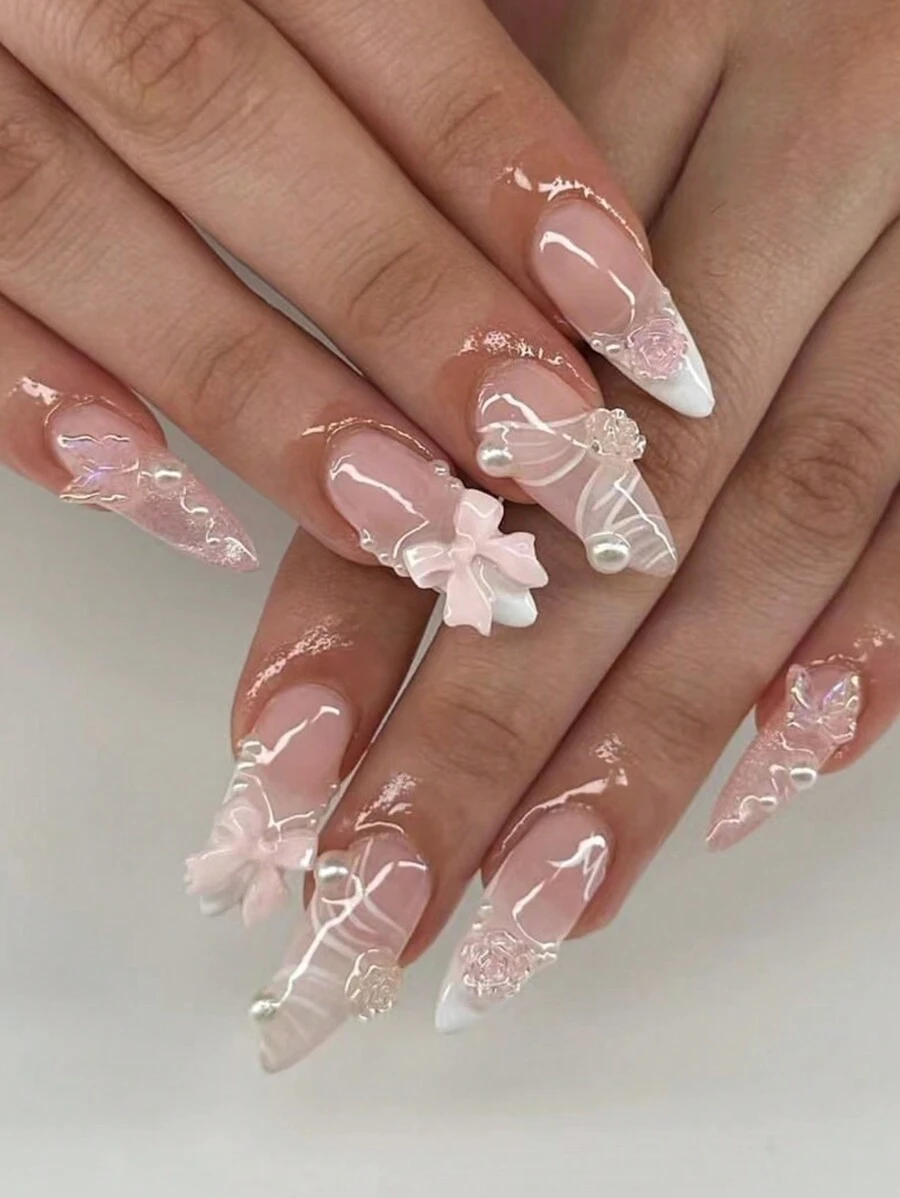 Balletcore Cute Y2K Sweet Girl Style 24pcs Short French Style Pure Handmade 3D Bow, Flower & Bow Detail, Pearl, Ribbon & Almond-Shaped Wearable Decor False Nails Set Suitable For Students, Office Ladies, Parties, Dances, Dates, Daily Wear Press On Nails Supplies