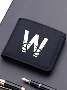 1pc Fashionable Unisex Wallet Convenient Black Canvas Card Holder 26-Letter Double Fold Short Wallet, Best Friend Gift - Black - View 38