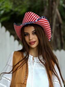 復古美國國旗牛仔帽，經典茶染紋路愛國西方牛仔帽，邊緣可調整，歷久彌新 - 黑與白 - 查看 6