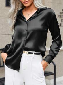 Blusa con Mangas Larga para Mujer de Seda Moda, Camisa para Mujer con Cuello Solapa y Manga Largas Elegantes, Playera con Manga Larga para Mujer Casual - Negro - Ver 5