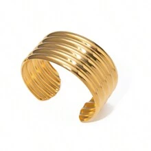 Uworld 1 Piece 306 Stainless Steel 18K Gold Plated Punk Funky Stripe Wide Face Open Bangles Women's Minimalist High Quality Hand Decoration Daily Wearing