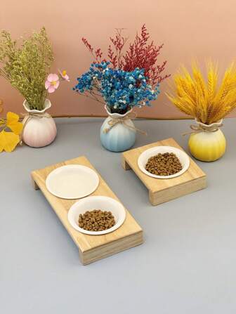 Dual Bowl Single Bowl Natural Color Bamboo Wood Stand Ceramic Pet Bowls, Anti-Spill & Easy To Clean