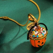 1入豪華優雅的搪瓷萬聖節糖果南瓜桶吊墜項鍊，有趣的眼睛設計，適合女性日常佩戴 - 萬聖節搞怪眼睛糖果南瓜桶吊墜項鍊 - 查看 3