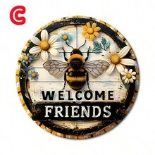 1入組8x12英寸、8x8英寸圓形金屬錫牌，新奇復古裝飾招牌，可掛式裝飾，蜜蜂、花朵、歡迎朋友、房間裝飾、房間裝飾材料、戶外裝飾、街道、農場、辦公室、花園、餐廳、酒吧、咖啡廳、車庫、夏日派對、鄉村風格、金屬牌、家居別緻壁飾、男人窩、女人窩，防水防塵，多彩 - 彩色 - 查看 10