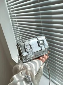 Túi vuông tối giản Mini Flap Metal, Funky, Punk & Bag dành cho trang phục dạo phố - Bạc - Xem 6